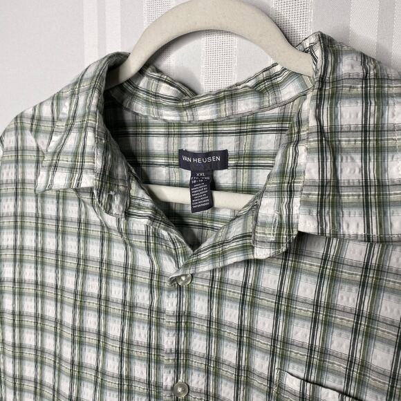 Van Heusen AIR Short Sleeve Plaid Crinkle Button Down Shirt XXL Green White Mens - Picture 2 of 9